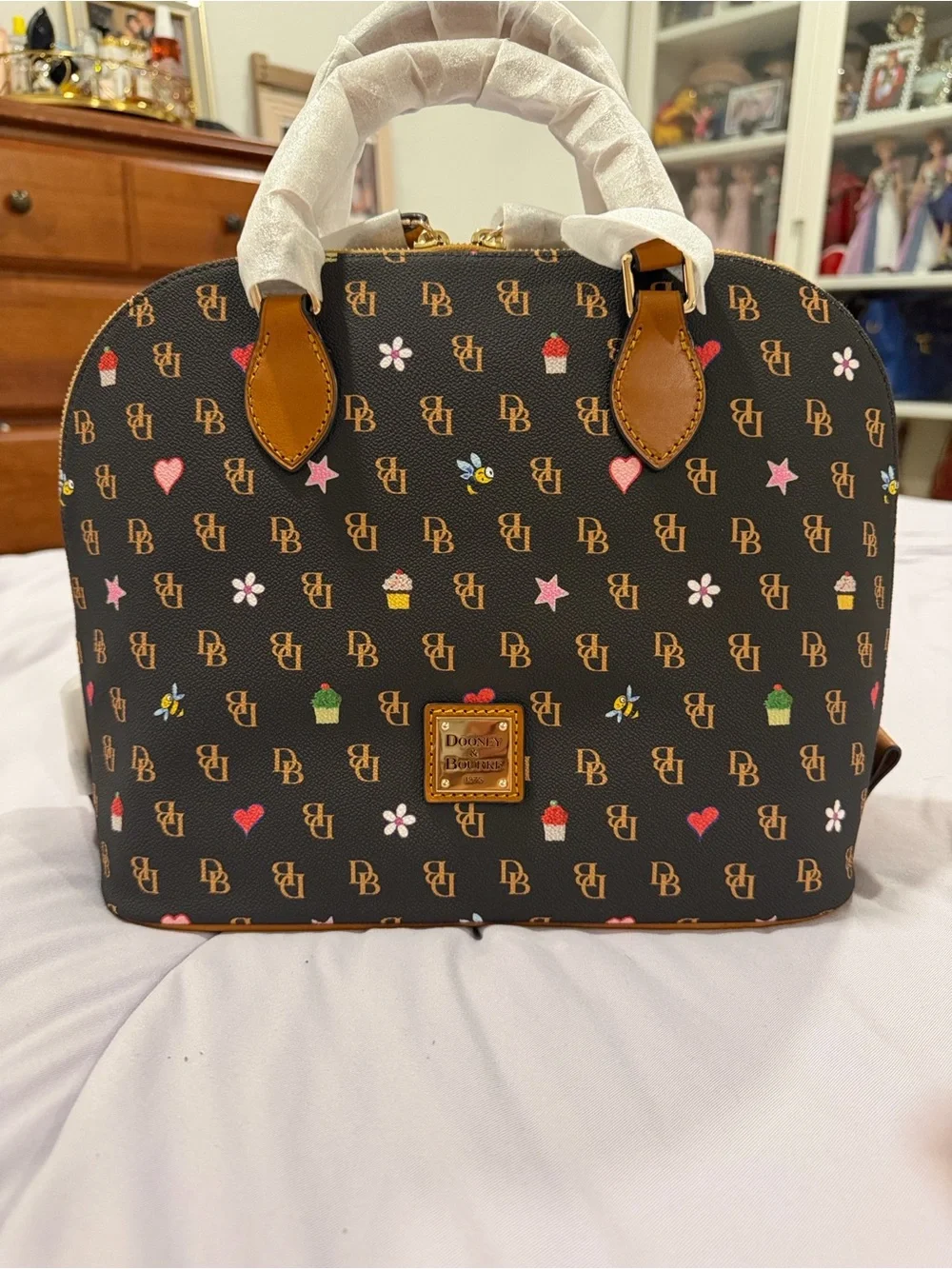 Dooney & Bourke Black Logo Dome Satchel with Colorful Cupcake & Heart Print. New